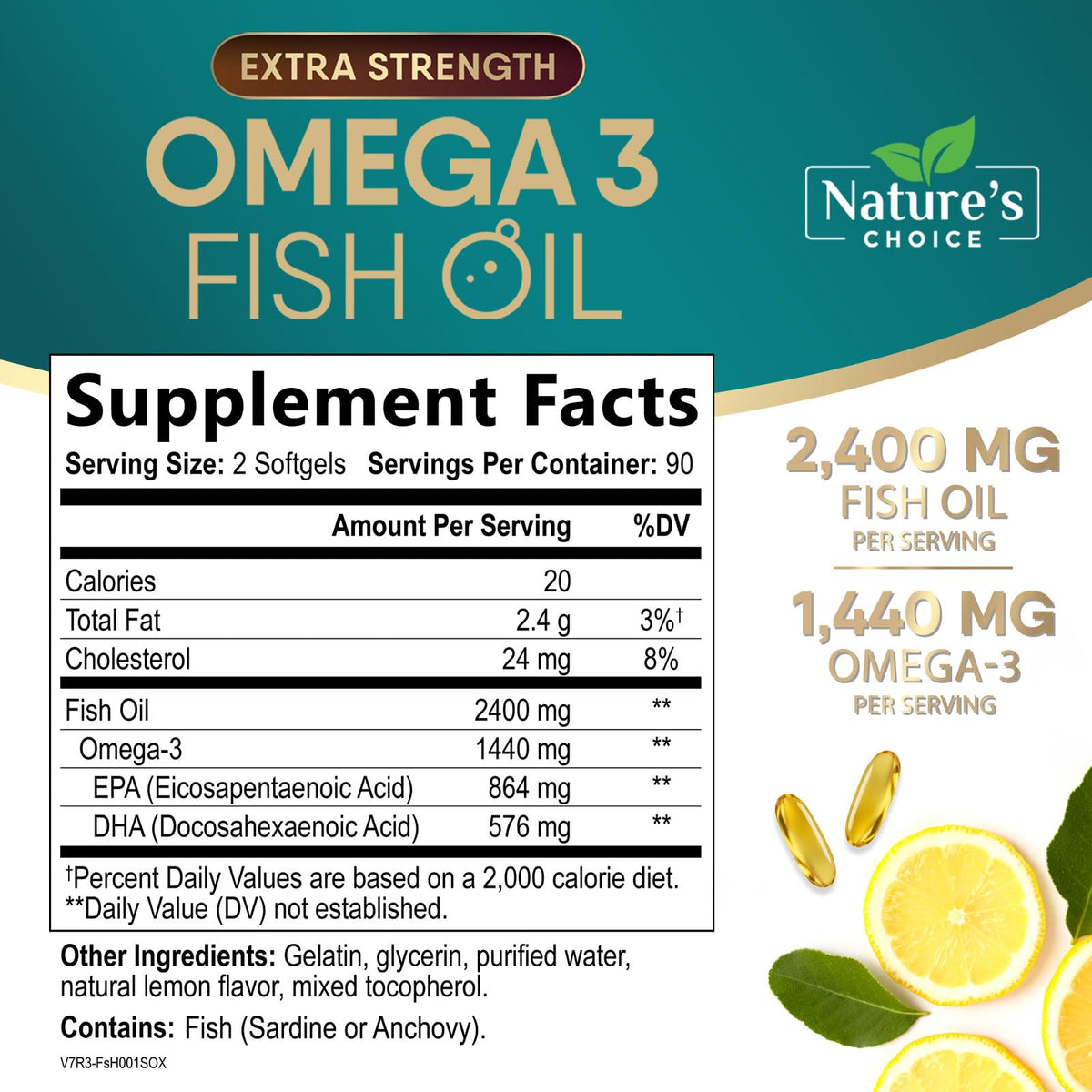 Nature's Choice Omega 3 Huile de Poisson gélules montrant la taille des capsules