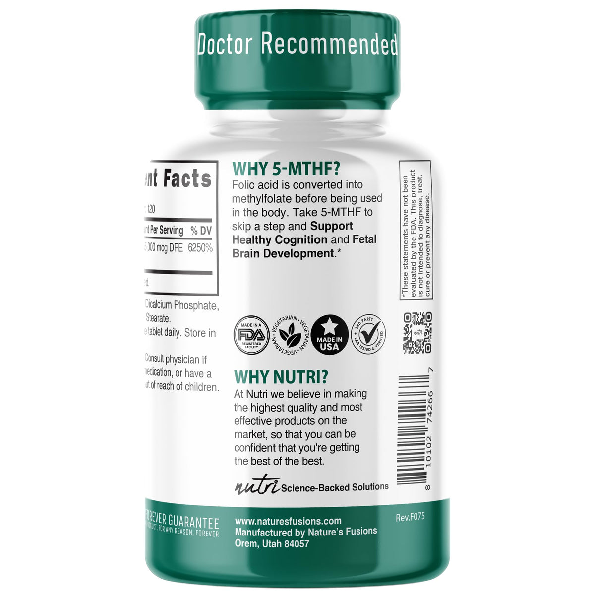 Nature's Fusions 5-MTHF L-Méthylfolate 15mg étiquette de la bouteille