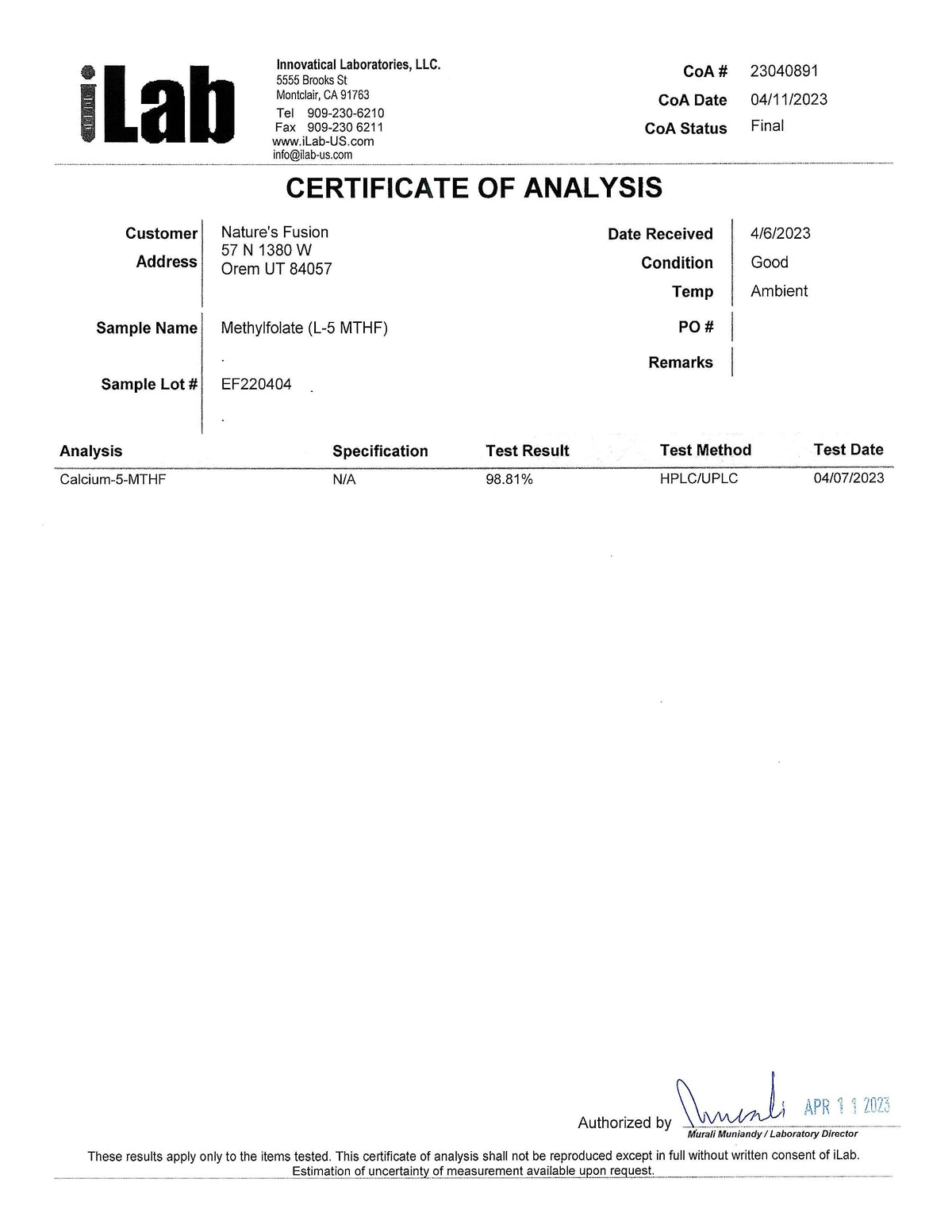 Nature's Fusions 5-MTHF L-Méthylfolate 15mg vue latérale de la bouteille