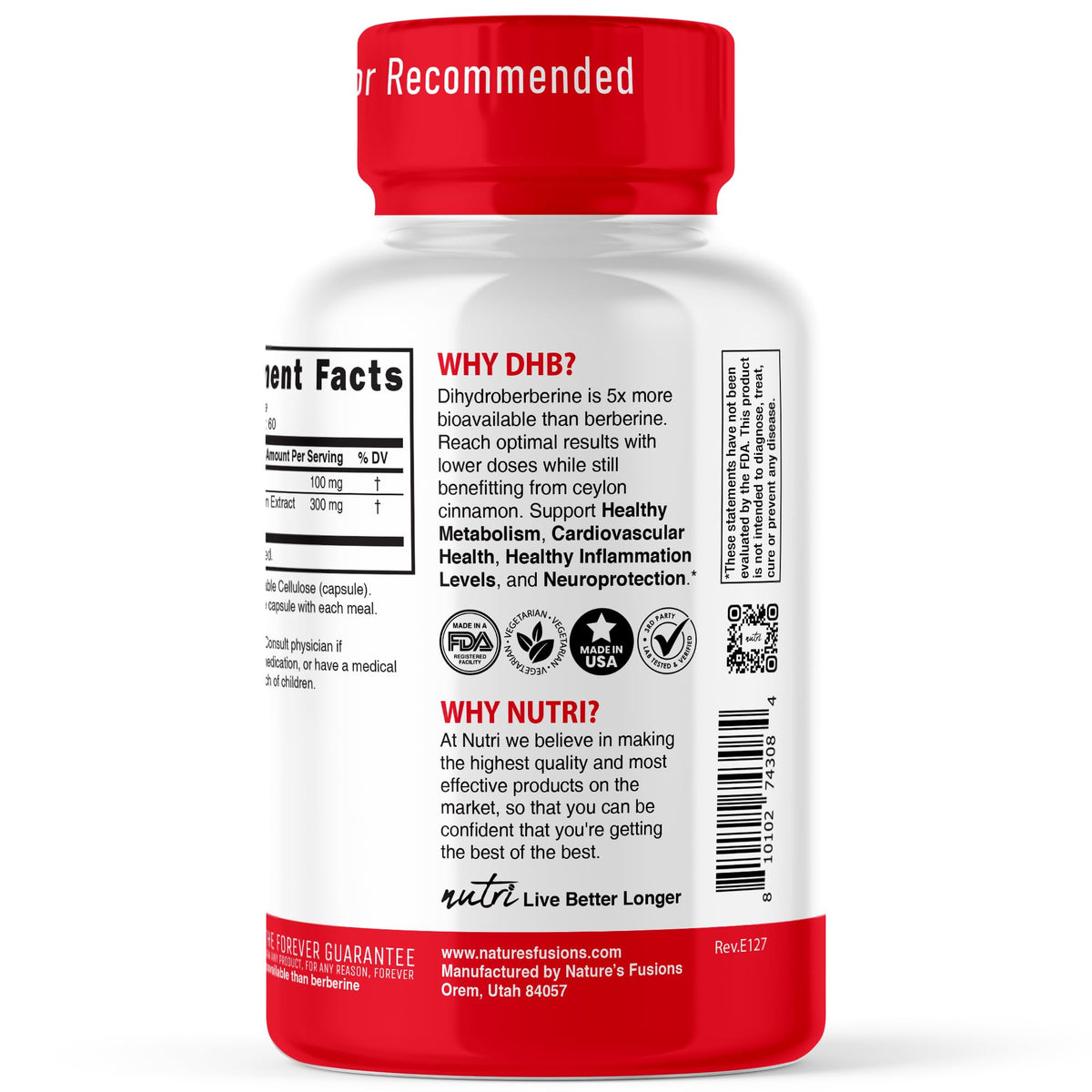 Nature's Fusions Dihydroberberine 100mg étiquette avec ingrédients