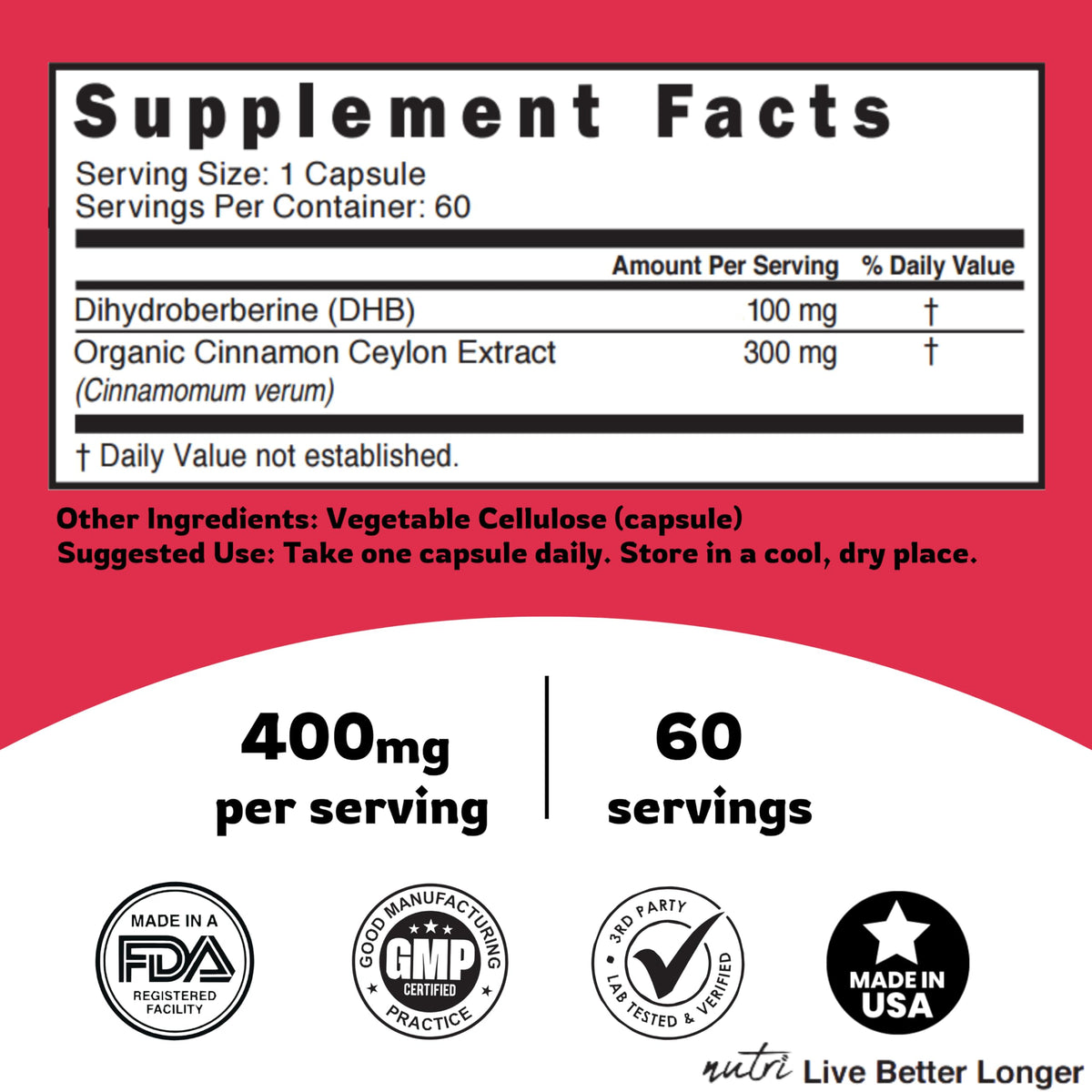 Nature's Fusions Dihydroberberine 100mg vue de la boîte ouverte avec capsules
