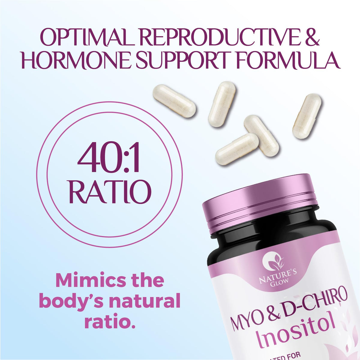 Nature's Glow Myo-Inositol & D-Chiro Inositol 1025mg capsules in hand