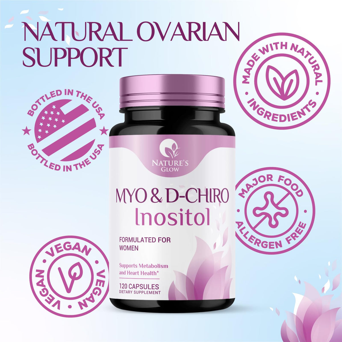 Nature's Glow Myo-Inositol & D-Chiro Inositol 1025mg capsules on a table
