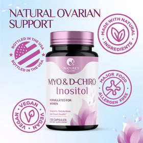 Nature's Glow Myo-Inositol & D-Chiro Inositol 1025mg capsules on a table