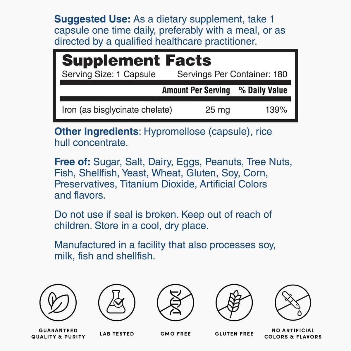 Nature's Lab Fer 25mg Capsules avec un verre d'eau