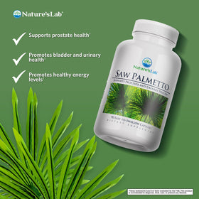 Nature's Lab Saw Palmetto 450mg, capsules en gros plan