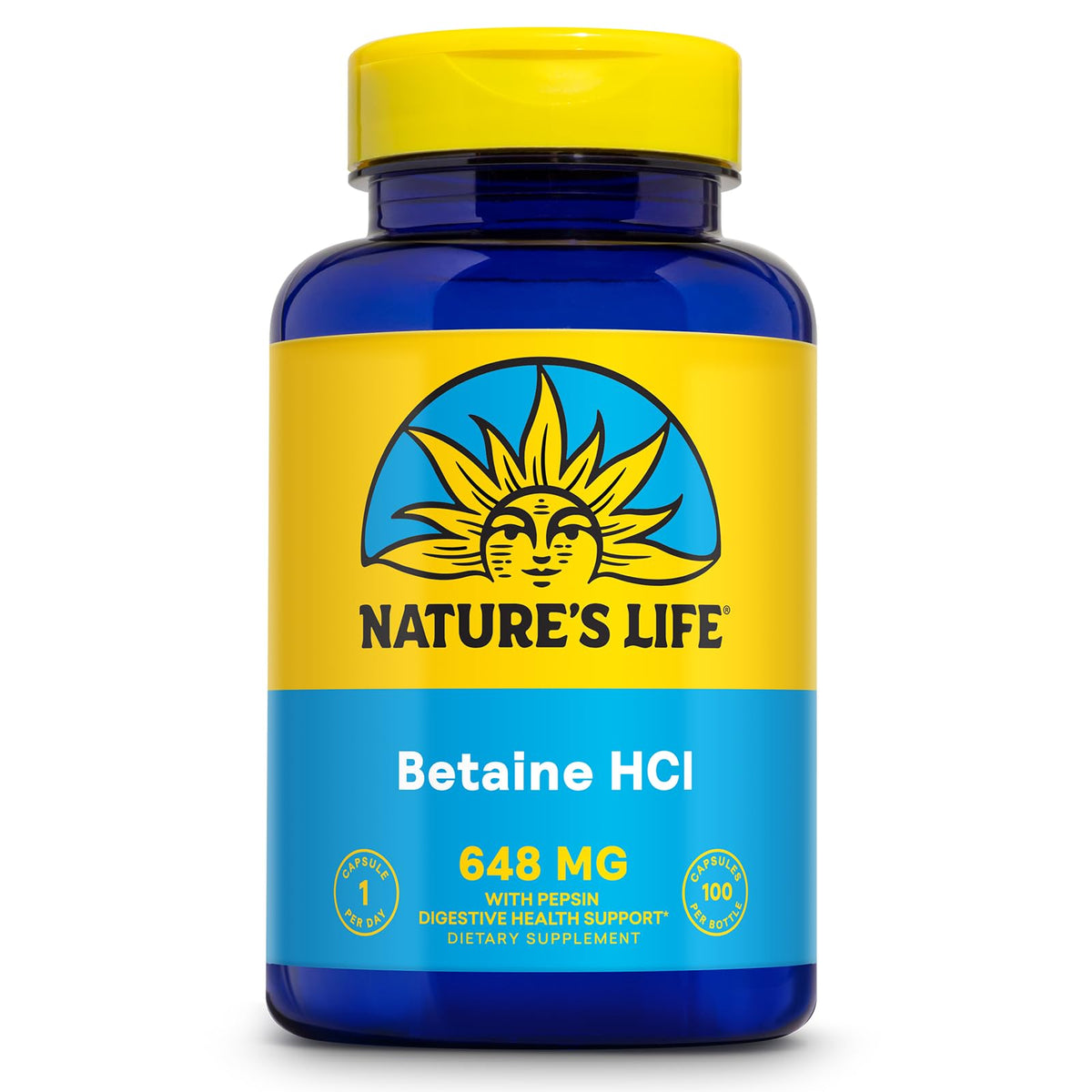 Nature's Life Betaine HCL avec Pepsin 100 capsules vue avant