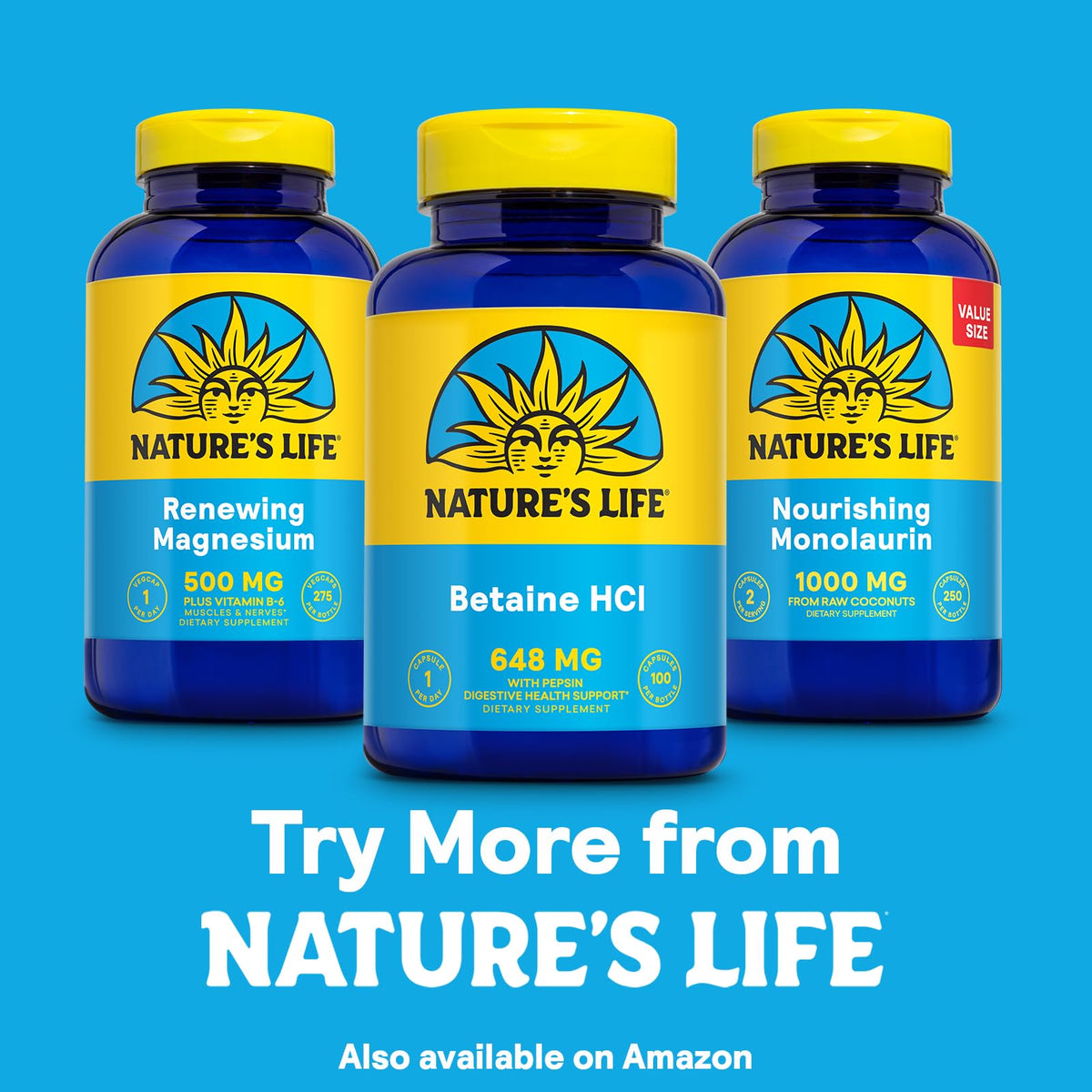 Nature's Life Betaine HCL avec Pepsin emballage et capsules
