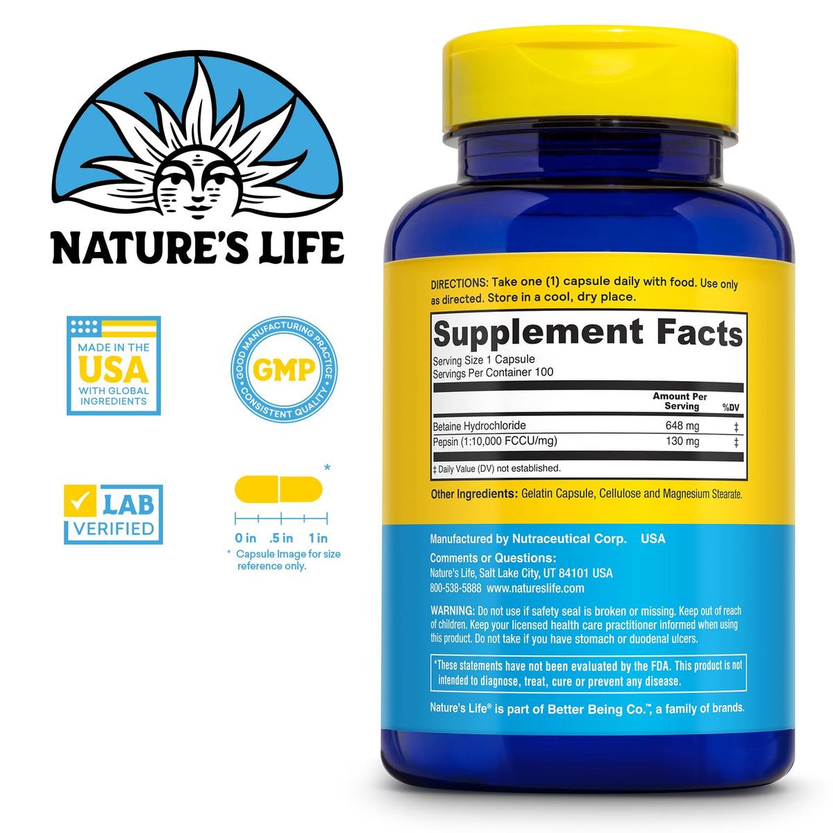 Nature's Life Betaine HCL avec Pepsin étiquette et informations nutritionnelles