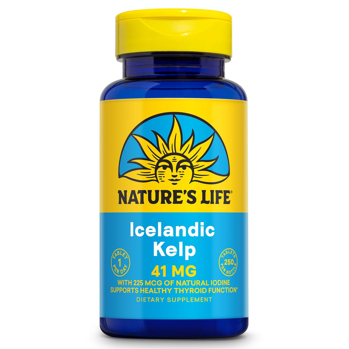 Nature's Life Kelp d'Islande 250 comprimés devant un fond blanc