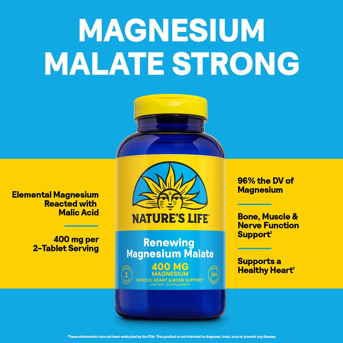 Nature's Life Magnésium Malate 400 mg, gros plan sur les comprimés