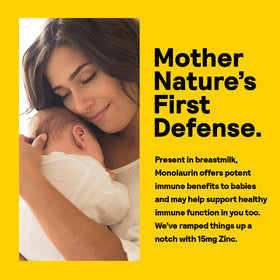 Nature's Life Monolaurin Plus Zinc avec ingrédients sur fond neutre