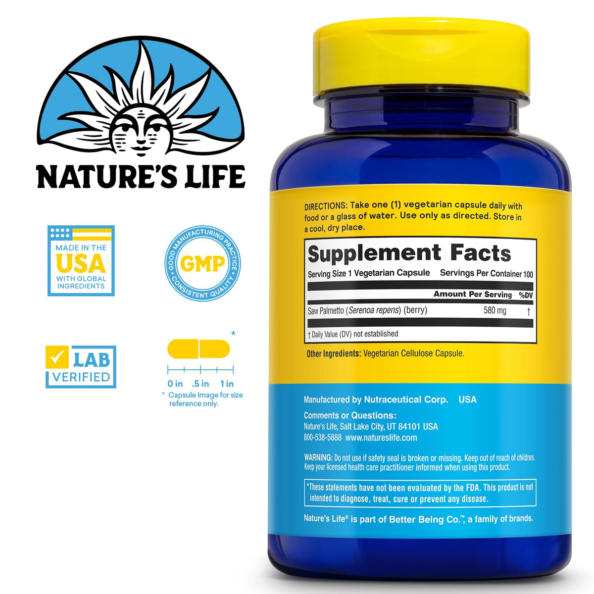 Nature's Life Saw Palmetto 580mg, capsules sur une surface blanche
