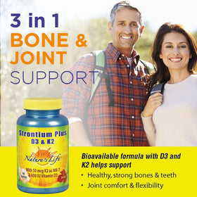 Nature's Life Strontium Plus D3 & K2 comprimés dans une main
