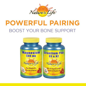 Nature's Life Strontium Plus D3 & K2 comprimés ouverts sur une surface