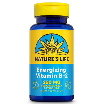 Nature's Life Vitamine B-2 250 mg comprimés sur fond blanc