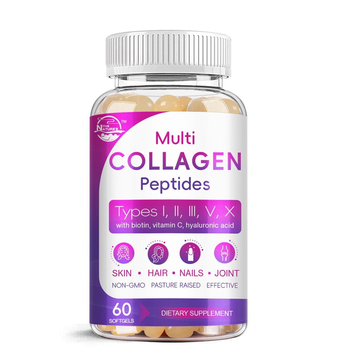 Nature's live Multi Collagen Peptides Softgel 60 capsules front view