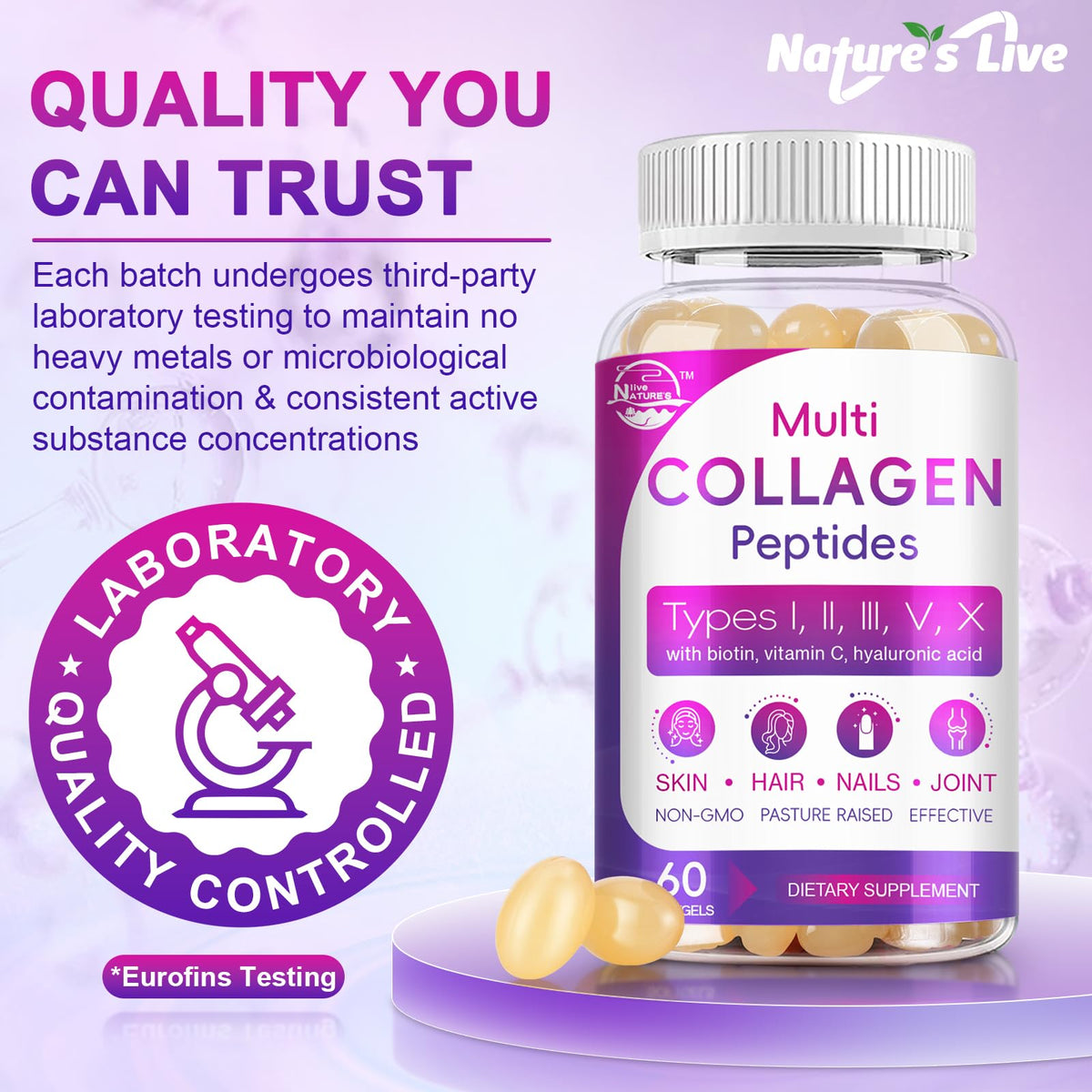 Nature's live Multi Collagen Peptides Softgel gélules dans une main