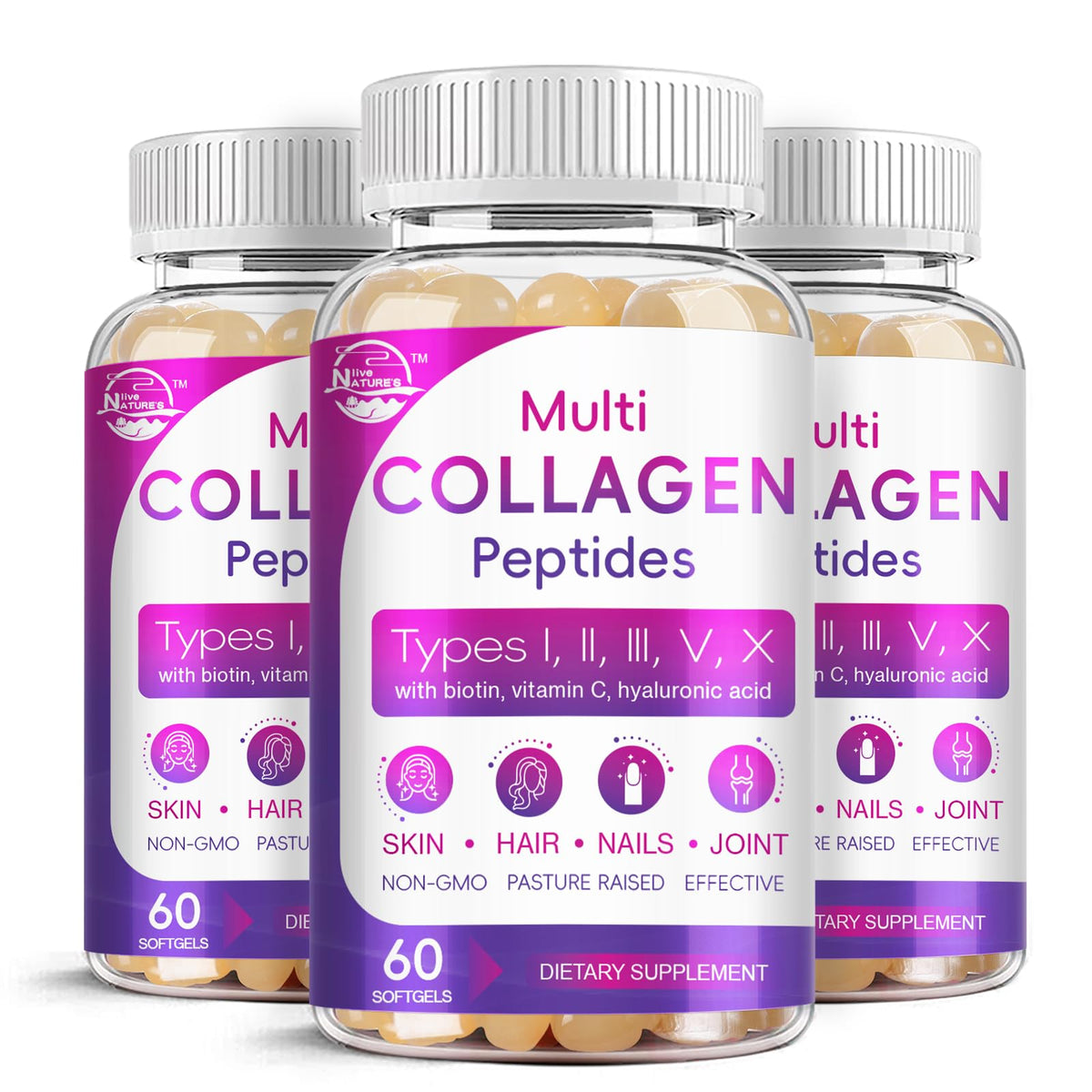 Nature's live Multi Collagen Peptides Softgel gélules en vue de face