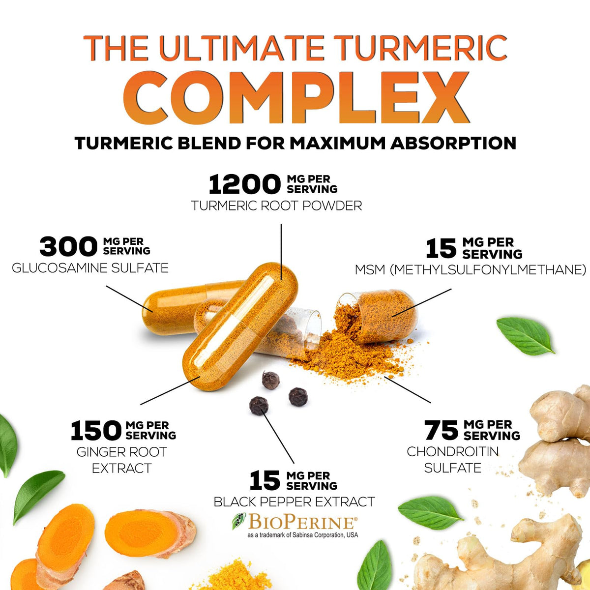 Nature's Nutrition Complément Alimentaire Curcuma 180 Capsules - Extrait de curcuma avec BioPerine