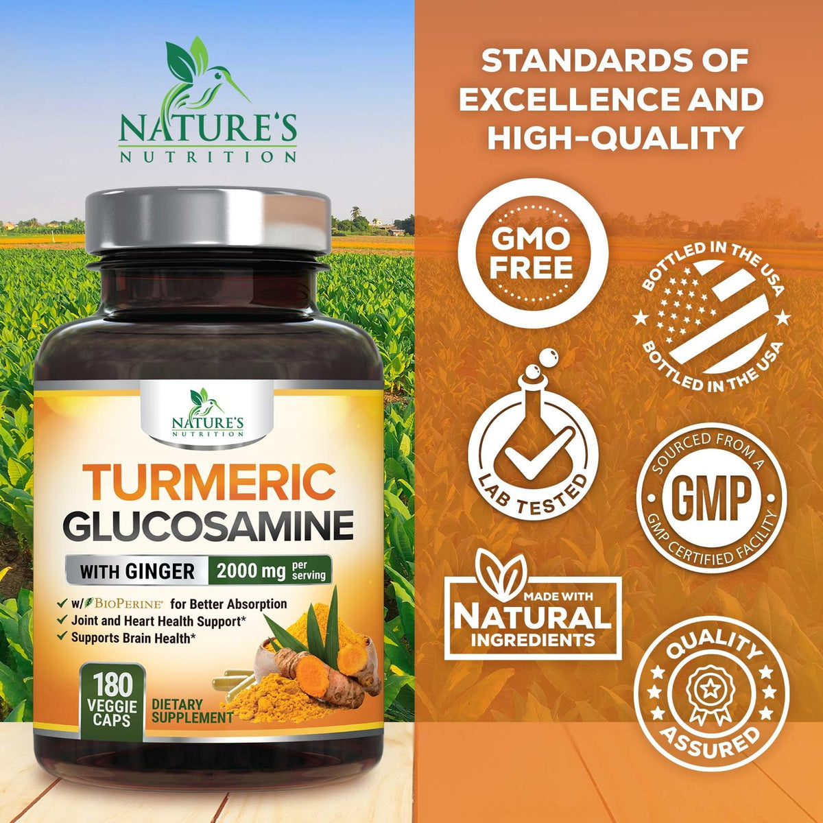 Nature's Nutrition Complément Alimentaire Curcuma 180 Capsules - Vue de l'arrière de l'emballage
