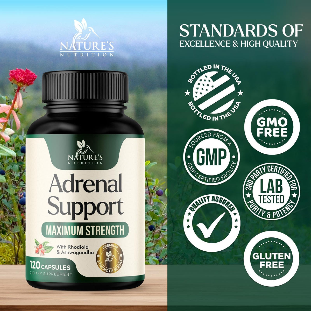 Nature's Nutrition Complément Alimentaire Soutien Surrénalien 120 Capsules avec gélules à côté