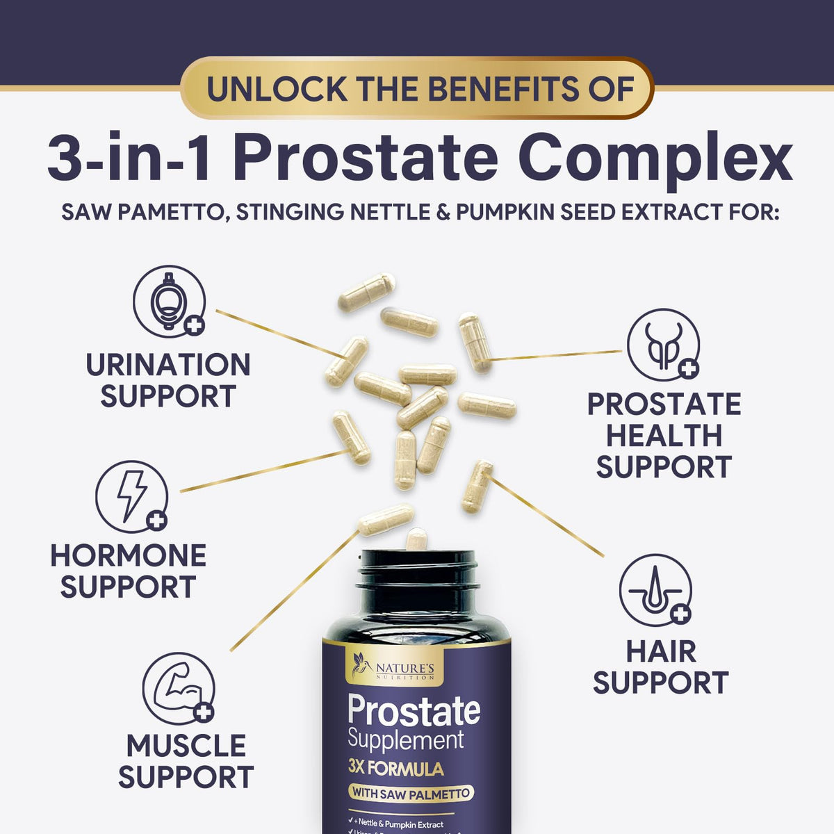 Nature's Nutrition Compléments pour la prostate 3X sur une table en bois