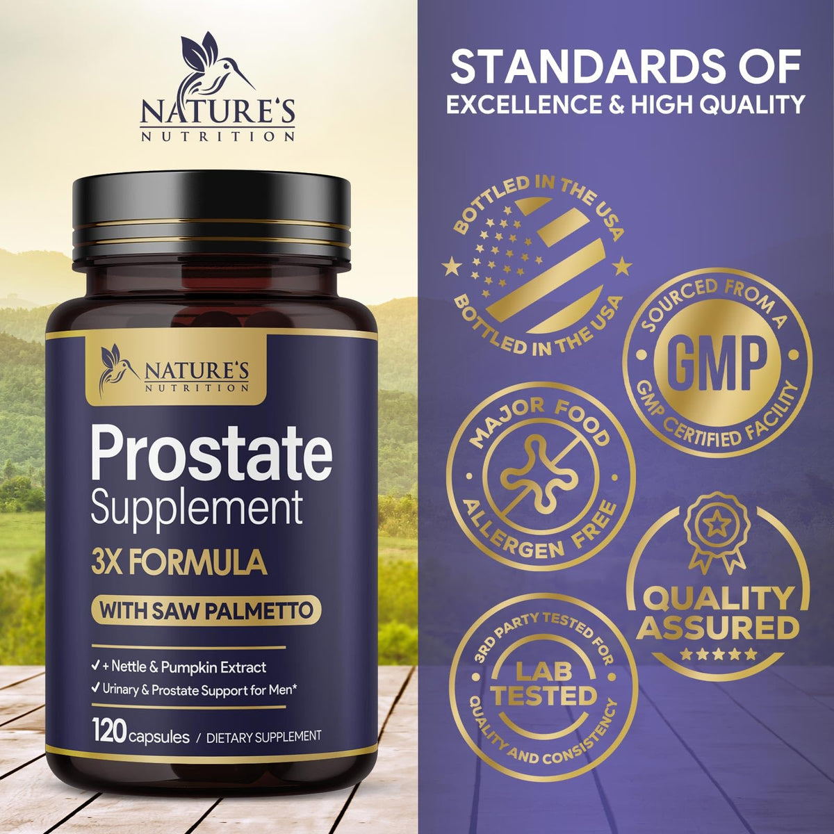 Nature's Nutrition Compléments Prostate avec ingrédients naturels en arrière-plan
