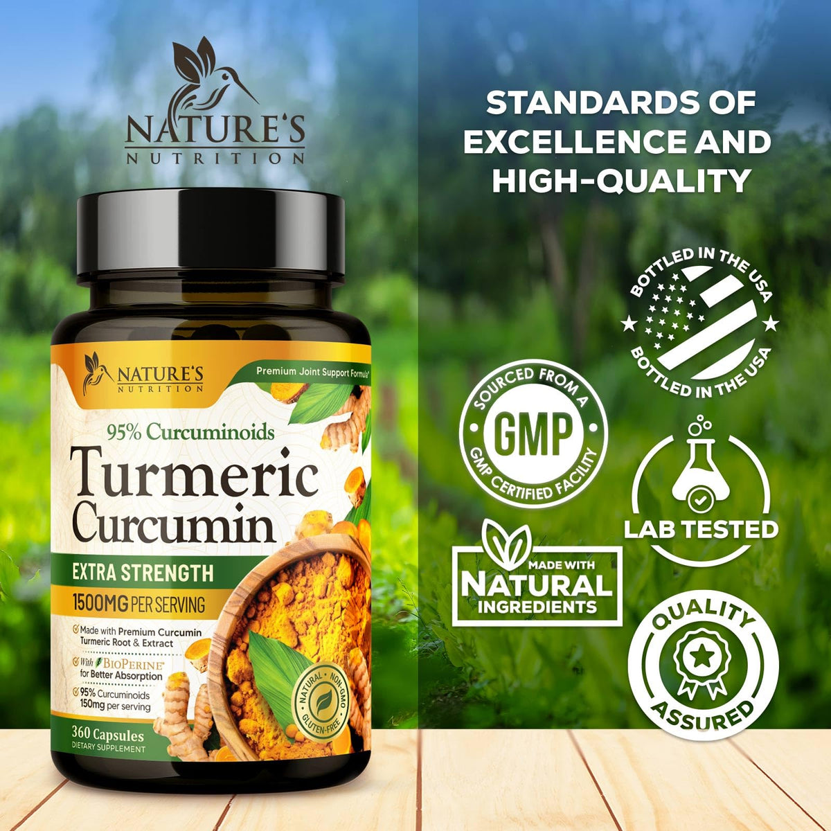 Nature's Nutrition Curcuma capsules sur fond blanc