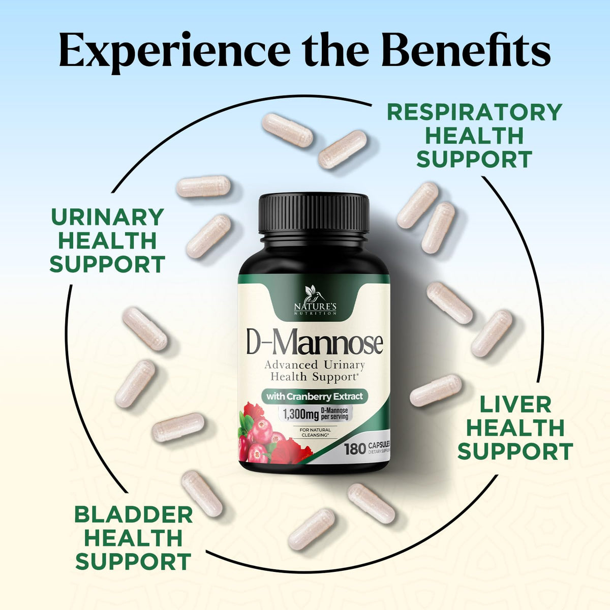 Nature's Nutrition D-Mannose 1300 mg avec extrait de canneberge vue de côté