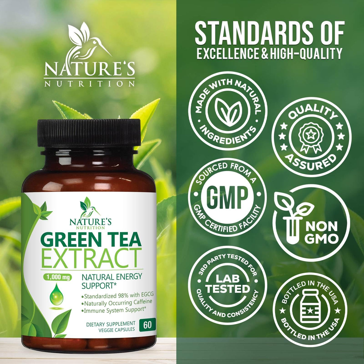 Nature's Nutrition Extrait de Thé Vert 1000 mg avec étiquette détaillée