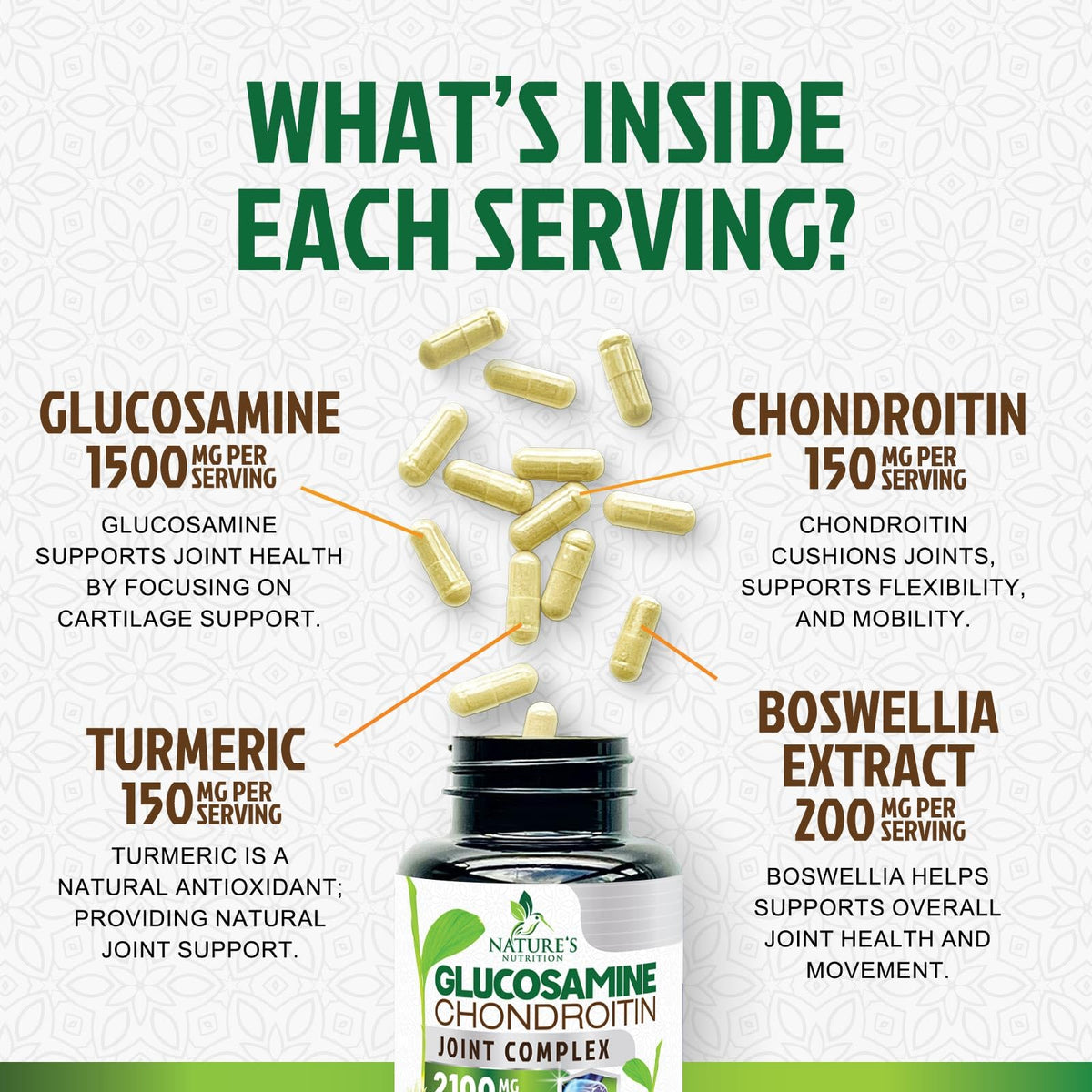 Nature's Nutrition Glucosamine Chondroitin MSM 240 capsules étiquette détaillée
