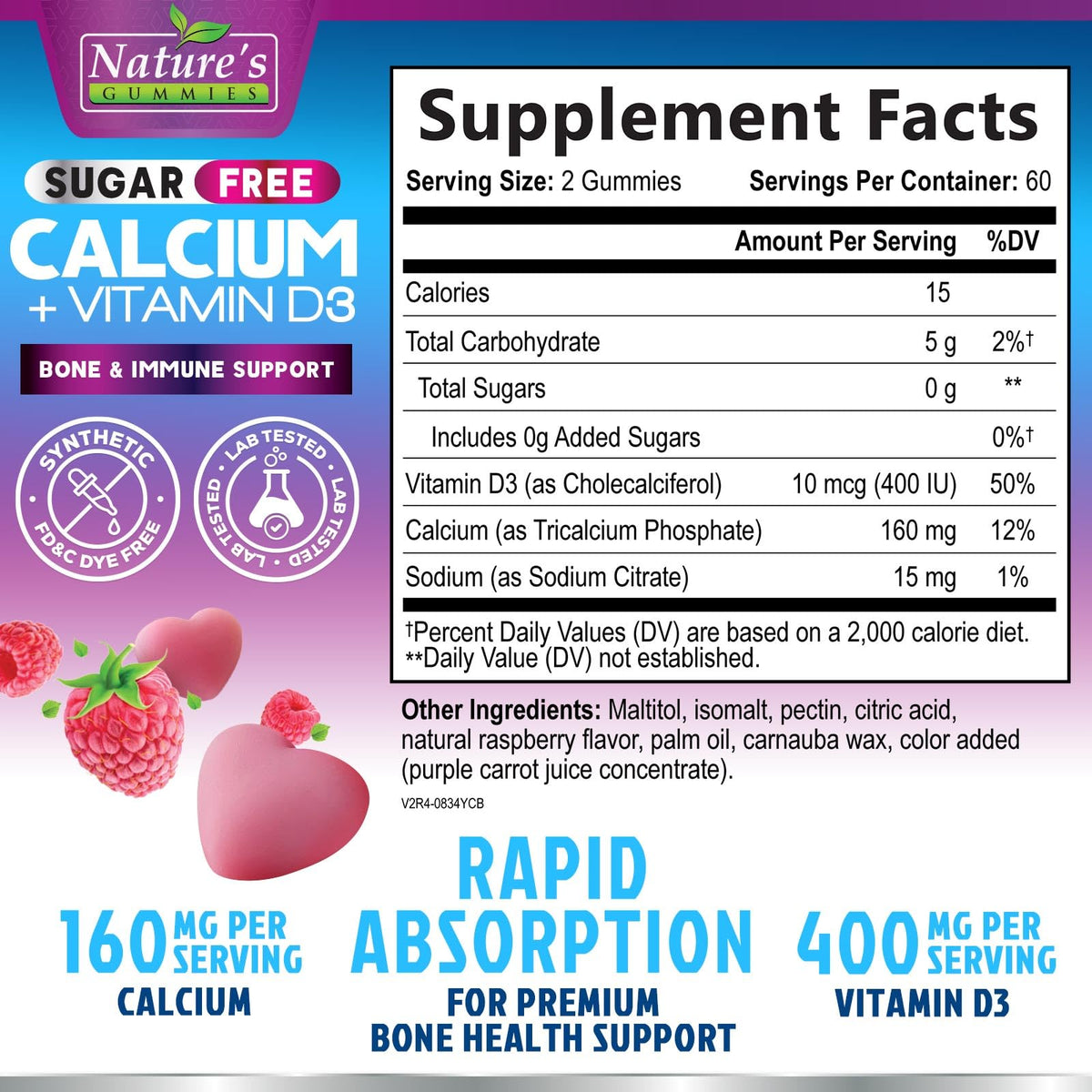 Nature's Nutrition Gummies Calcium SANS Sucre côté de la boîte