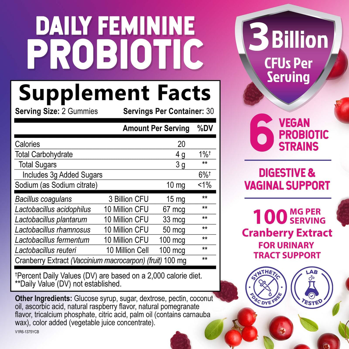 Nature's Nutrition Gummies Probiotiques Femmes Cranberry - arrière du pot
