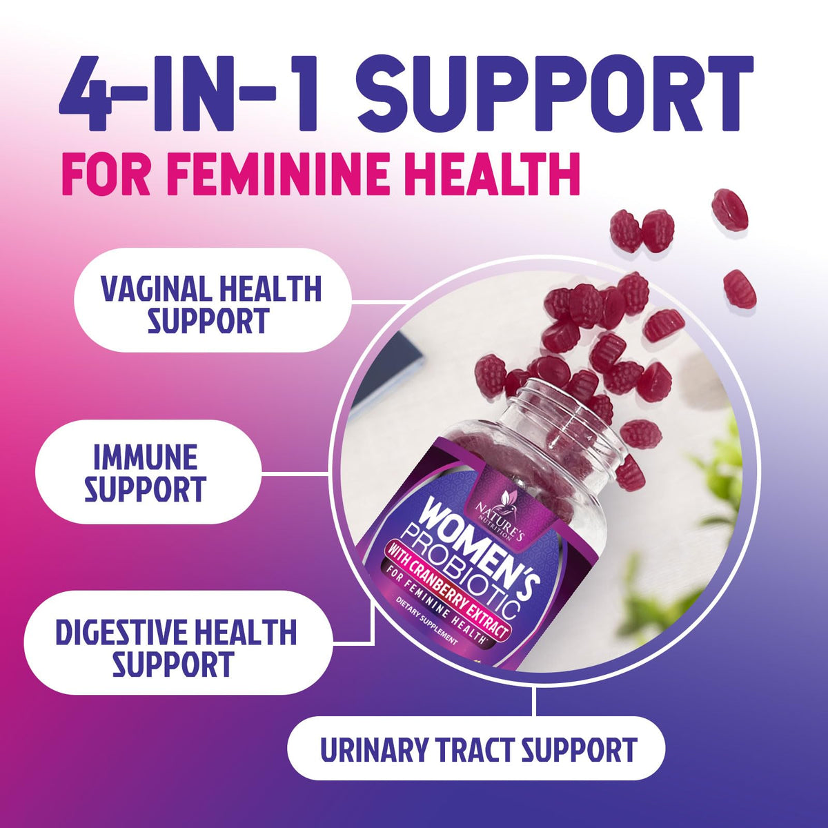 Nature's Nutrition Gummies Probiotiques Femmes Cranberry - ingrédients sur l'étiquette