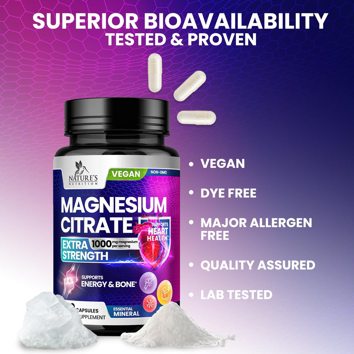 Nature's Nutrition Magnésium Citrate 1000mg avec des ingrédients naturels