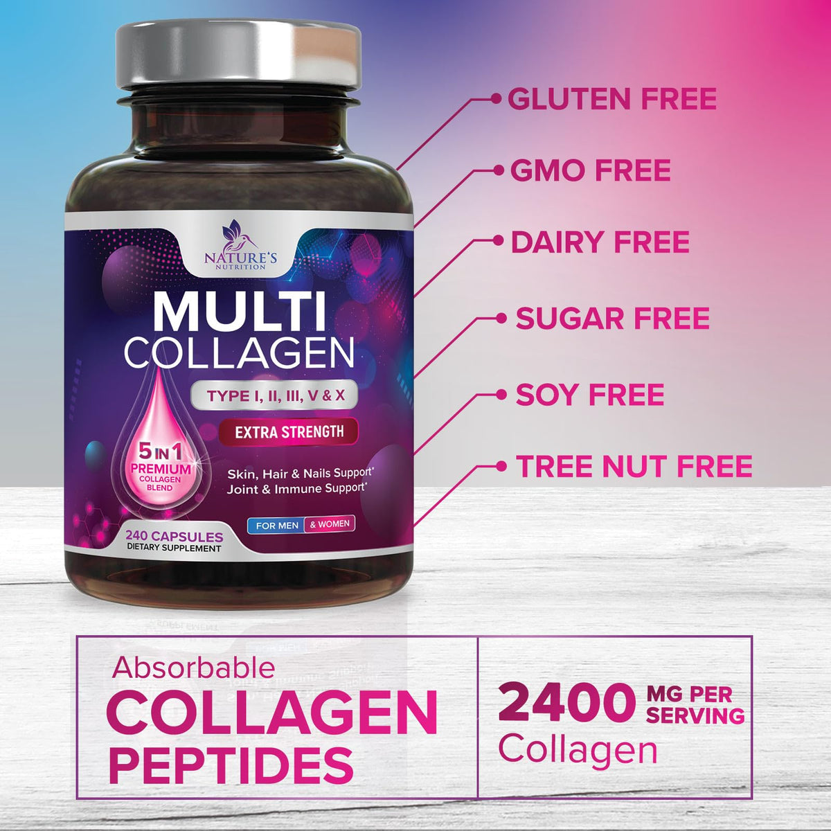 Nature's Nutrition Multi Collagène contenu de la bouteille