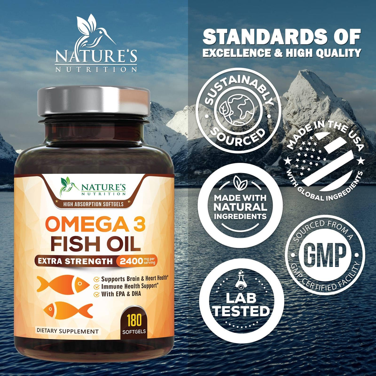 Nature's Nutrition Omega 3 Huile de Poisson 2400mg gélules side view