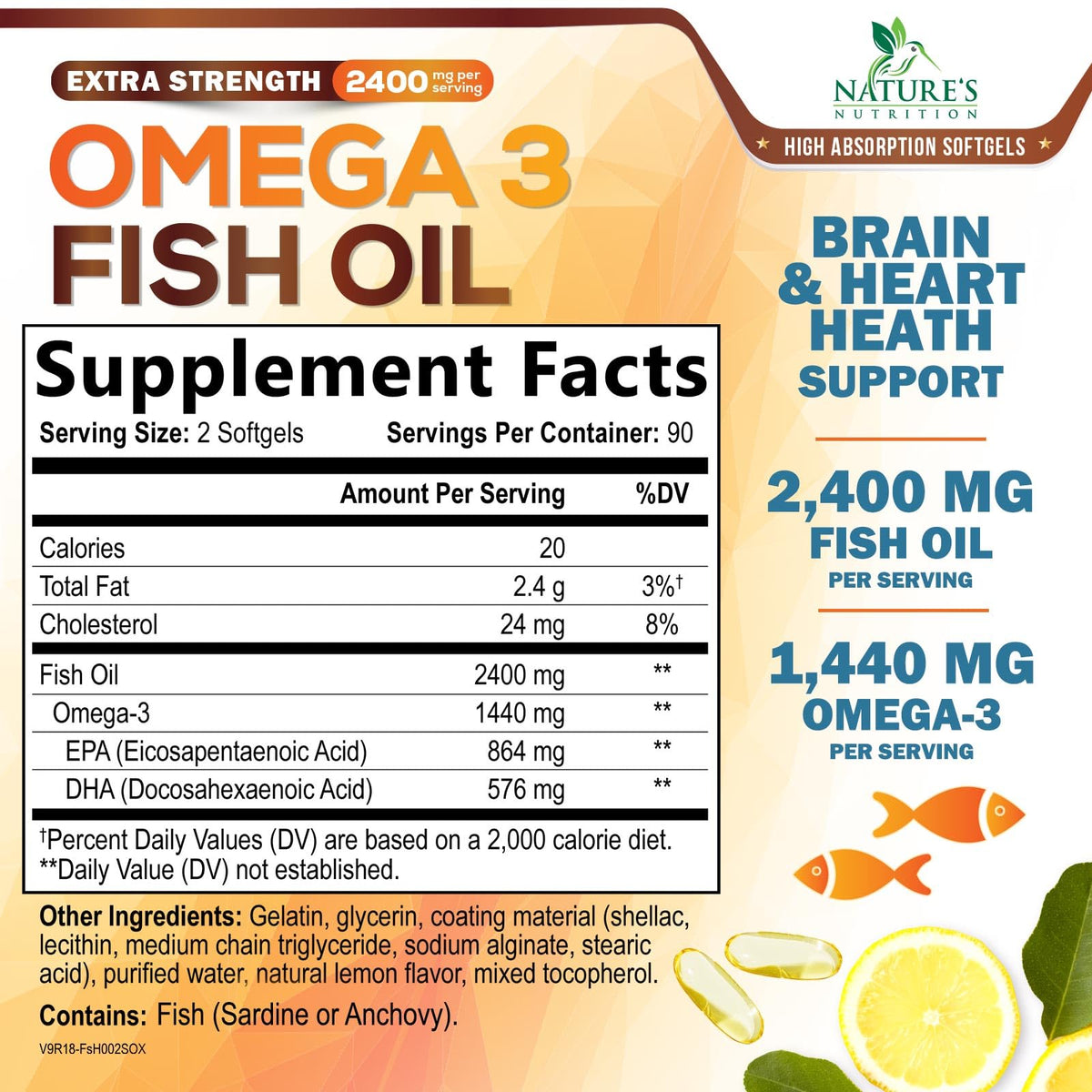Nature's Nutrition Omega 3 Huile de Poisson 2400mg gélules with packaging