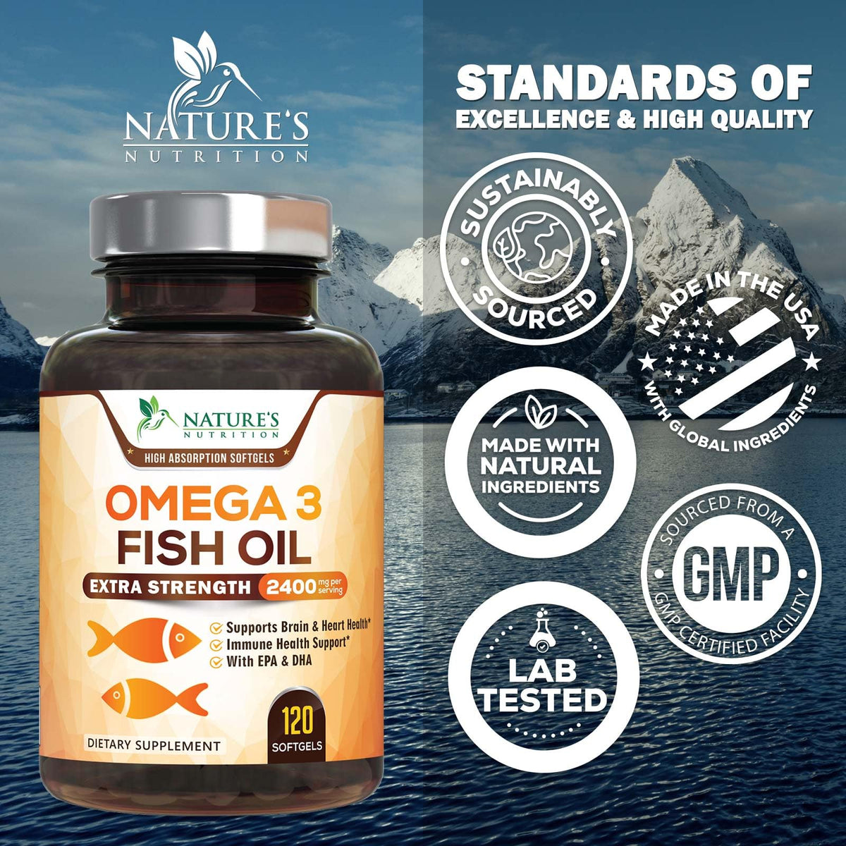 Nature's Nutrition Omega 3 huile de poisson gélules avec étiquette