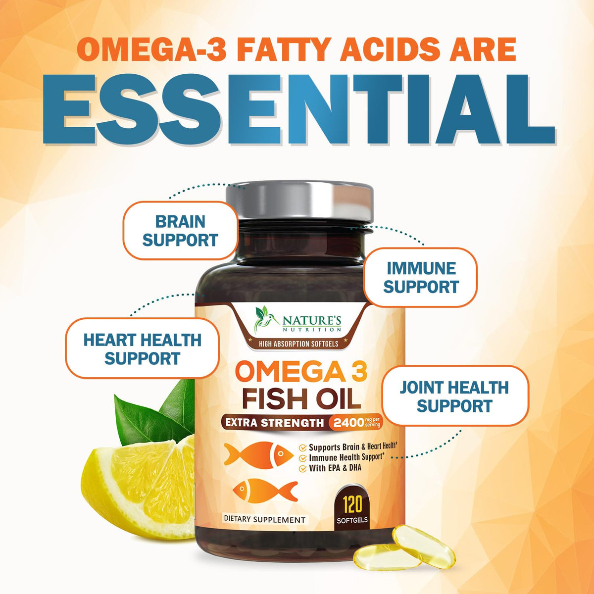 Nature's Nutrition Omega 3 huile de poisson gélules sur table