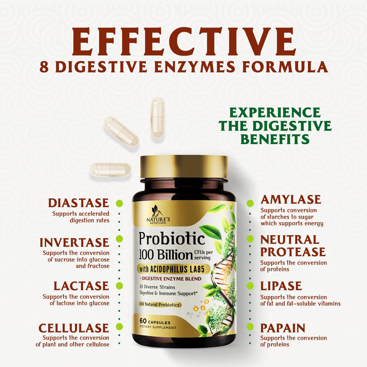 Nature's Nutrition Probiotiques 100 Milliards CFU 60 Capsules avec d'autres suppléments