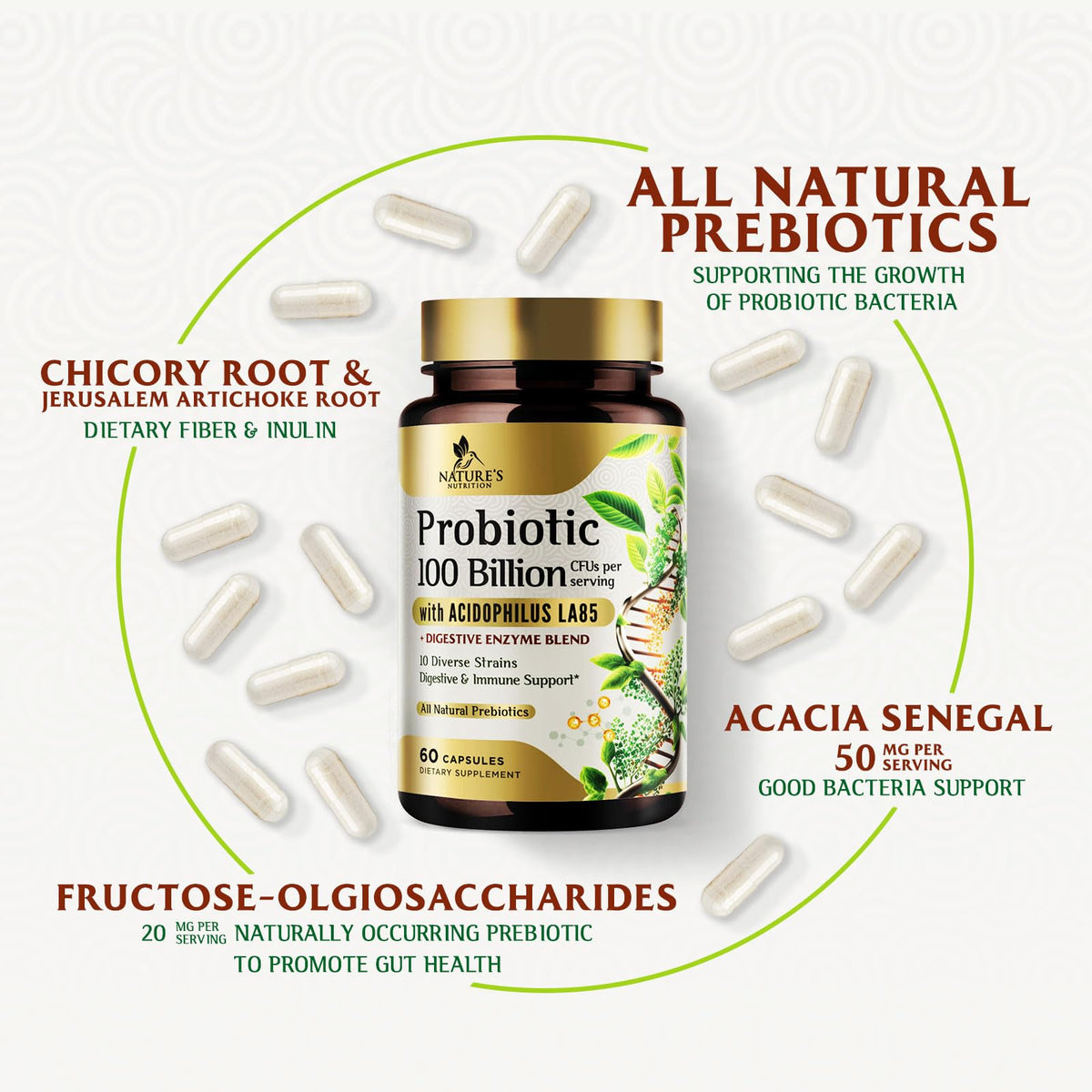 Nature's Nutrition Probiotiques 100 Milliards CFU 60 Capsules en gros plan