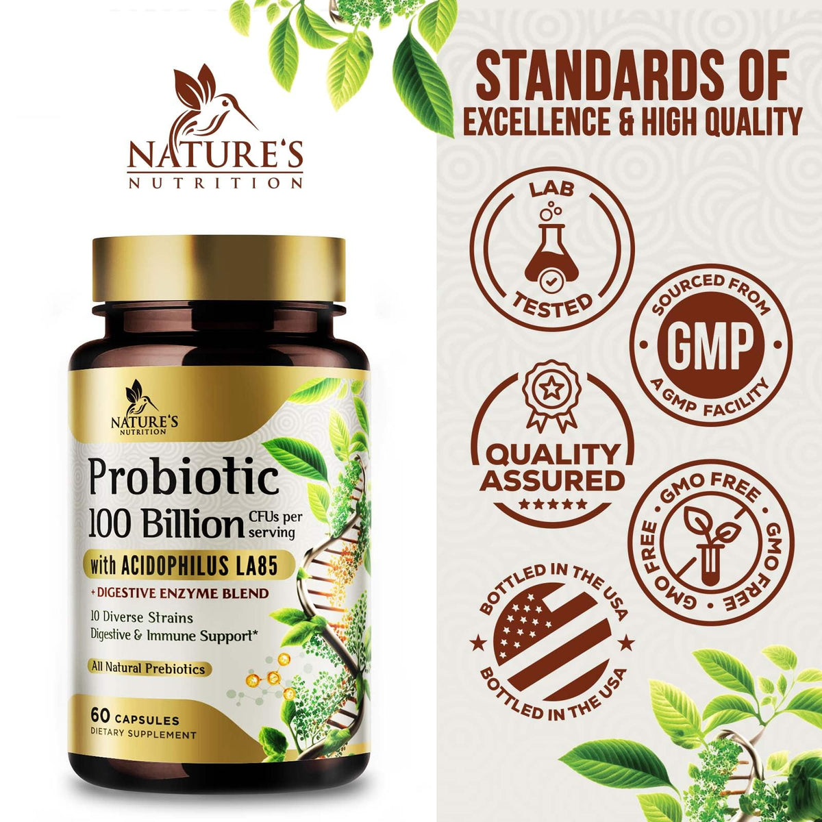 Nature's Nutrition Probiotiques 100 Milliards CFU 60 Capsules sur une table