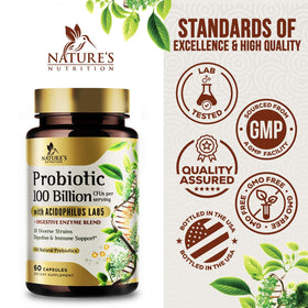 Nature's Nutrition Probiotiques 100 Milliards CFU 60 Capsules sur une table