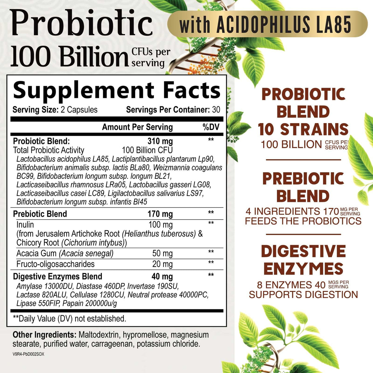 Nature's Nutrition Probiotiques 100 Milliards CFU 60 Capsules vue arrière