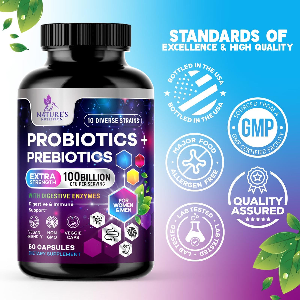 Nature's Nutrition Probiotiques, capsules dans un verre d'eau