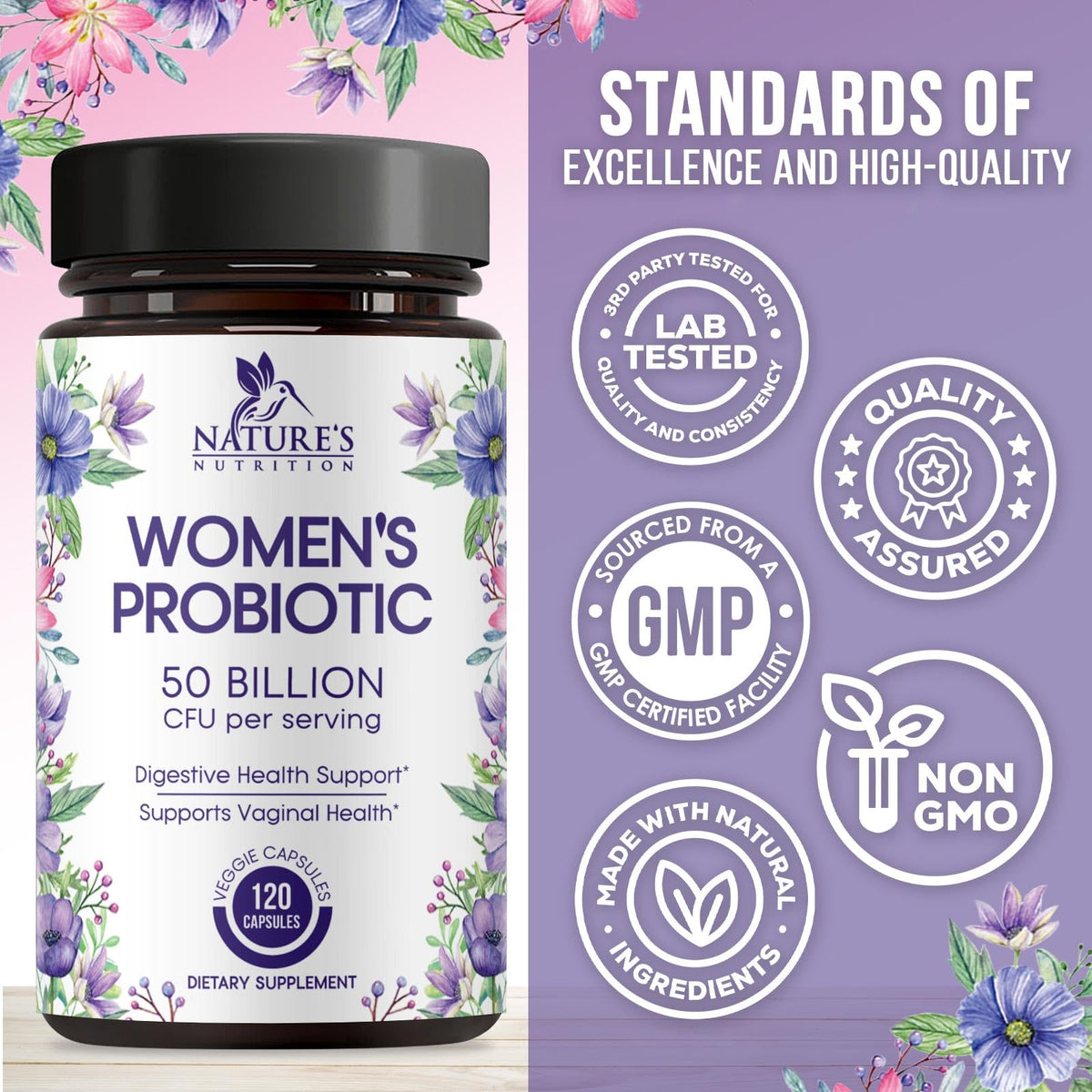 Nature's Nutrition Probiotiques Femmes 120 Capsules sur fond neutre