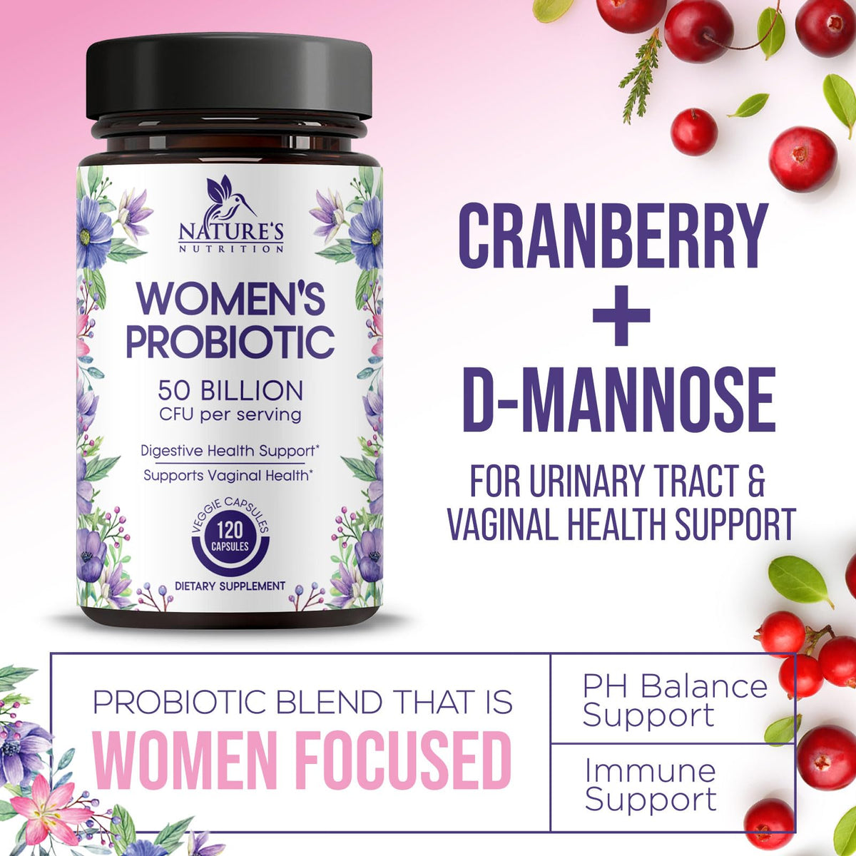 Nature's Nutrition Probiotiques Femmes 50 Milliards CFU sur une table en bois