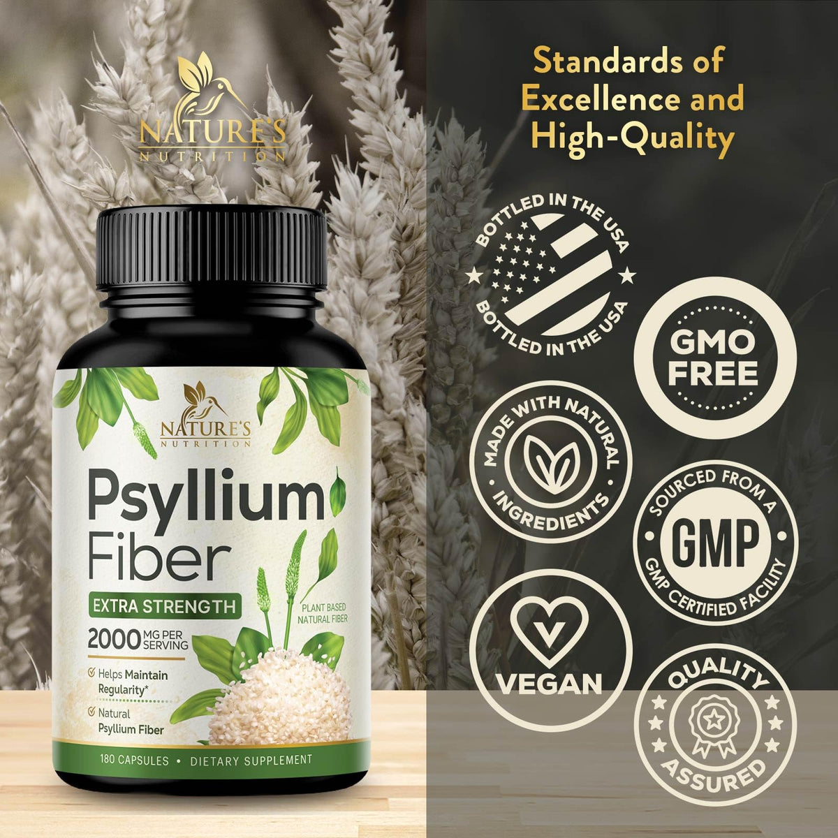 Nature's Nutrition Psyllium Husk Powder 2000mg capsules on a wooden table